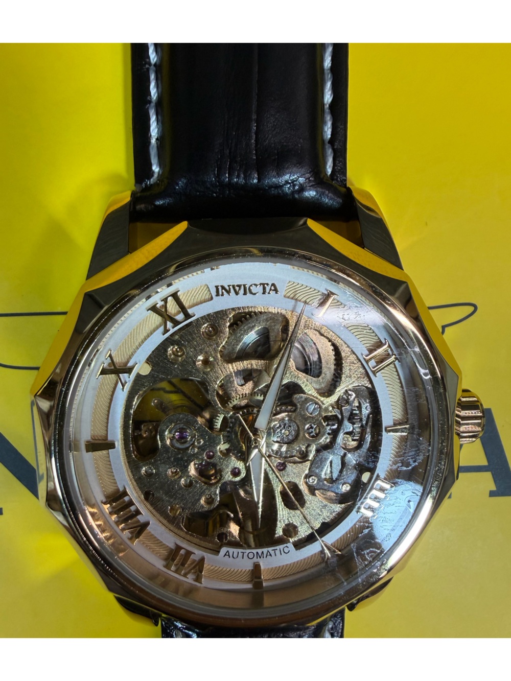 Invicta Objet D Art Epigraph Automatic Gold Skeleton Dial Watch Black Strap New - Picture 4 of 11
